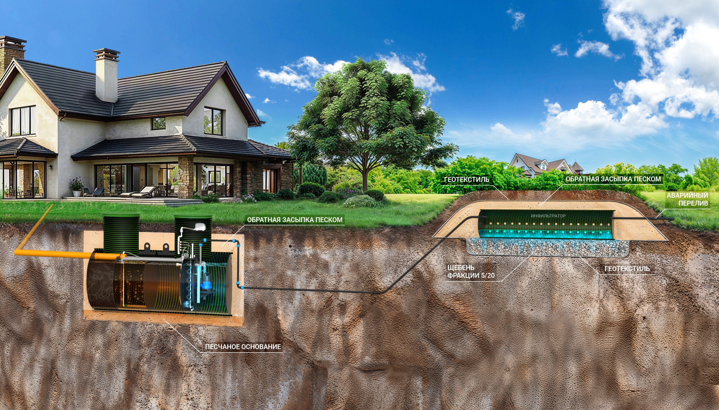 Водоотведение в поле фильтрации с дренажными тоннелями