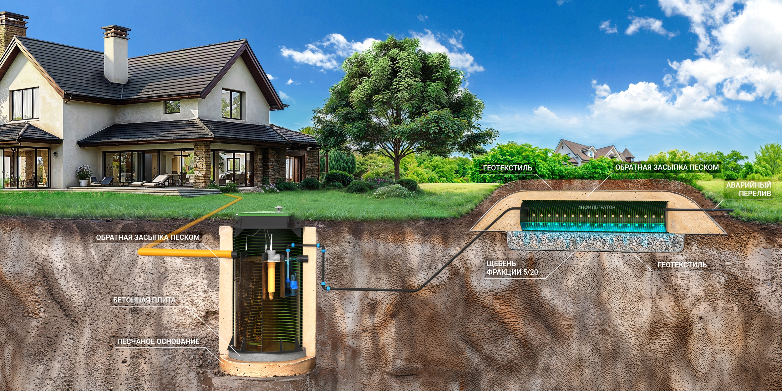 Водоотведение в поле фильтрации с дренажными тоннелями